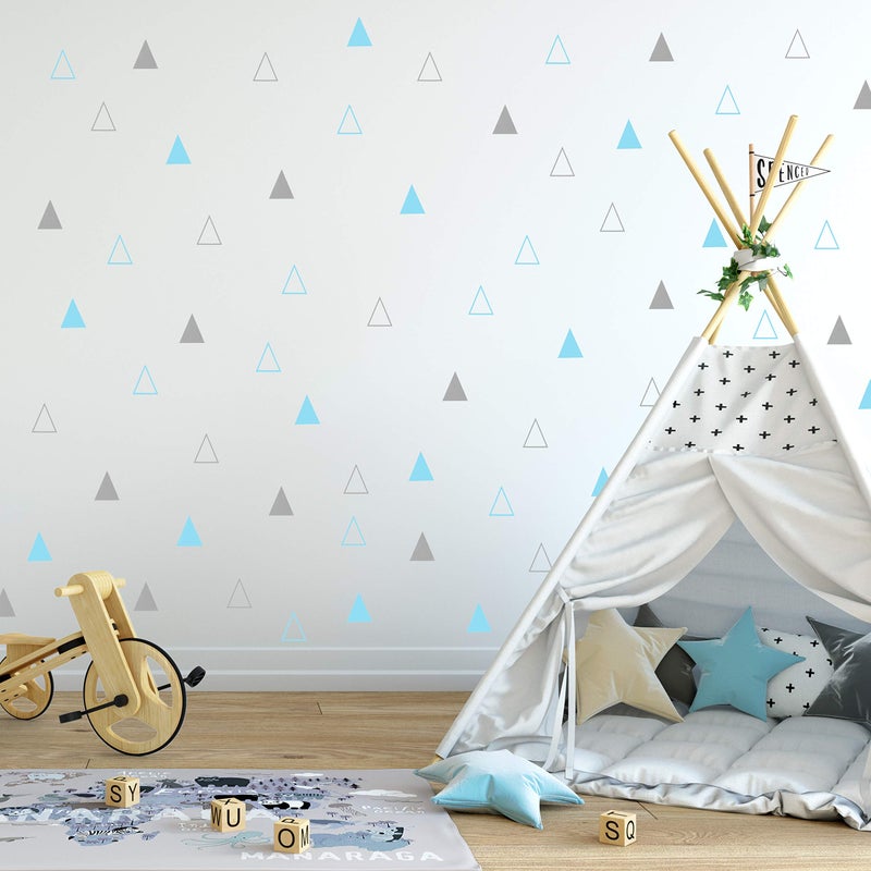 The Boho Design Tribal Triangles Wall Decals Peel and Stick for Kids, Baby Bedroom Nursery and Living Room, Vinyl Wall Stickers Decor (Grey and Light Blue) - Image 1